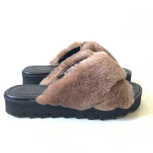 Peserico Slide Sandals Womens 36 6 Black Mauve Pink Fur Platform Slip On Fuzzy